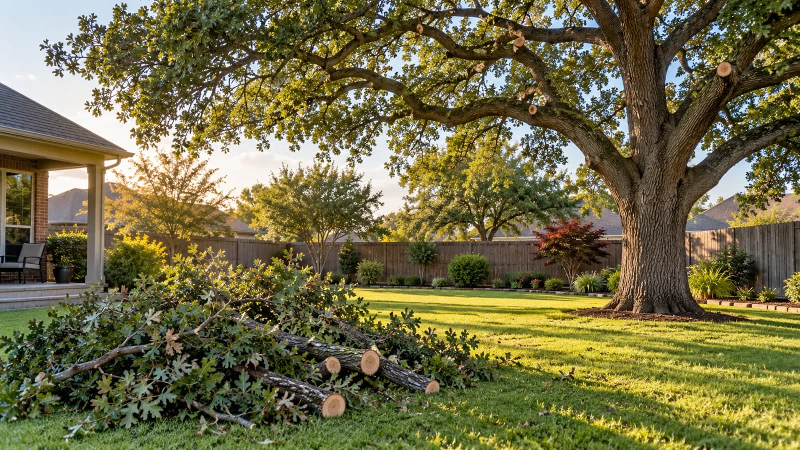 Illustration of a mature tree and neatly stacked trimmed branches in a suburban yard